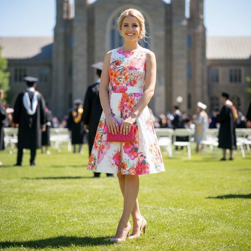 Eliza J Floral Sleeveless Fit & Flare Dress Pink Orange White Size 4 Graduation